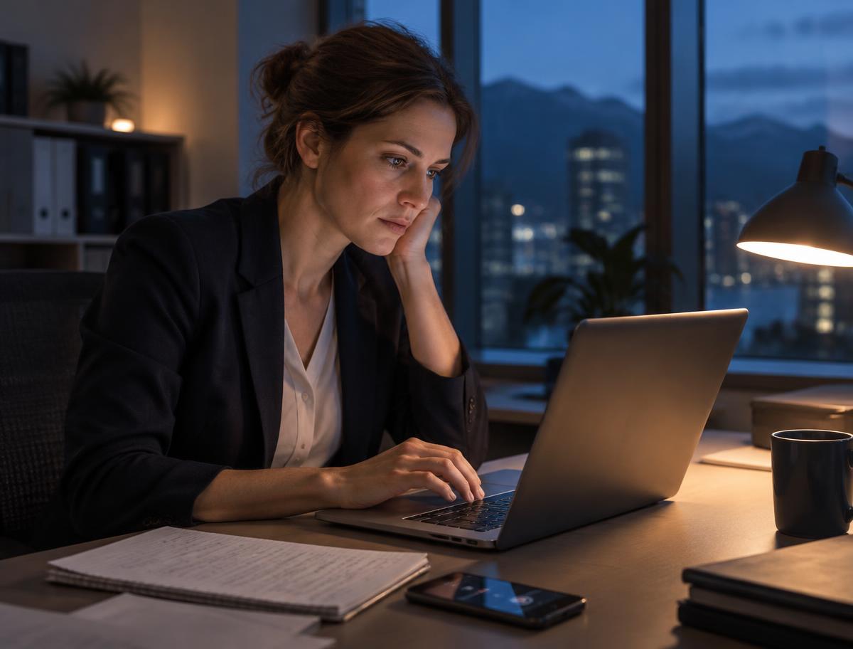 Person arbeitet am Abend im Büro Notizen nach
