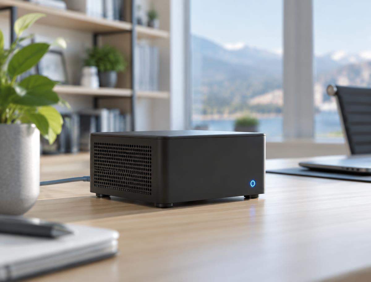 Kleiner Mini-PC als eigener Server auf einem Bürotisch