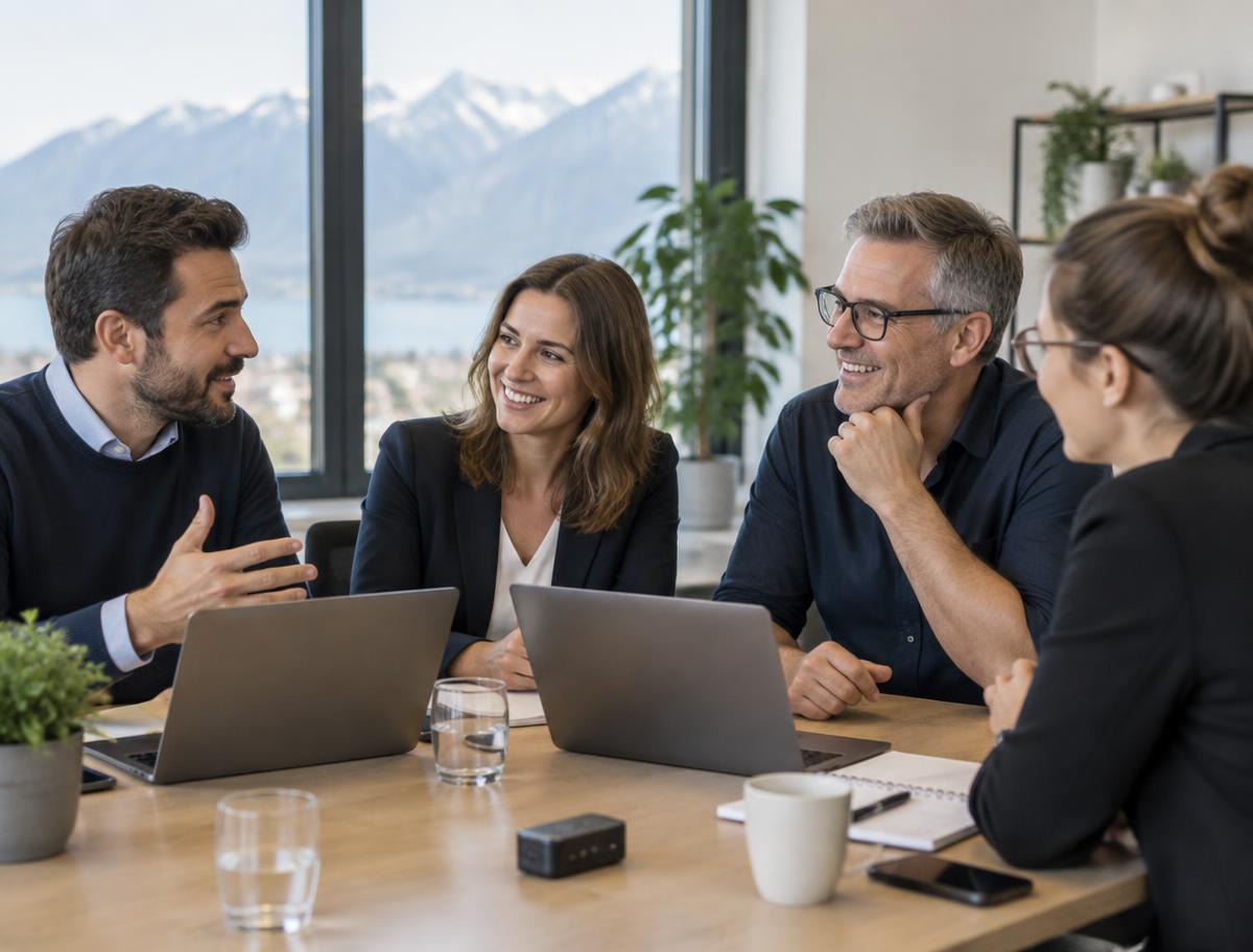 Kleines Team bespricht sich in einem modernen Büro